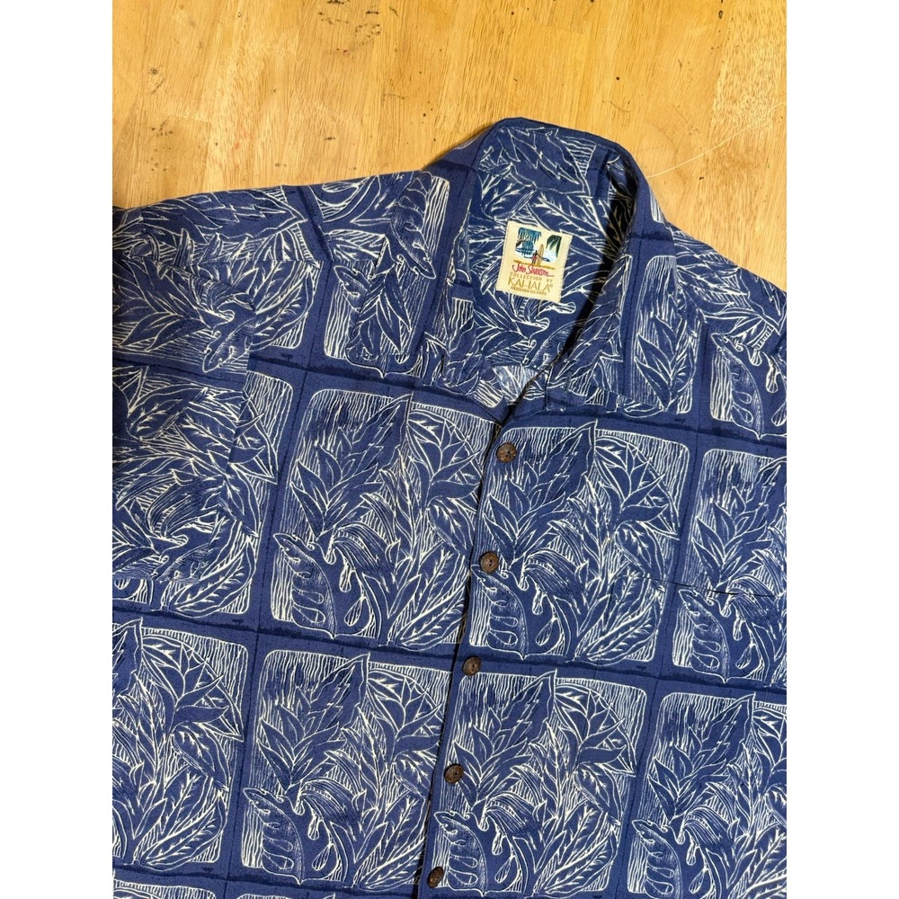 Kahala John Severson Hawaiian Shirt Mens L Blue Linen Blend Tropical Aloha USA
